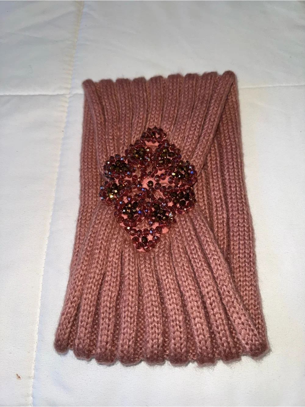 C.C. Exclusive dusty Rose Beaded Ribbed Knit Headband,  ear-warmer jewel flower